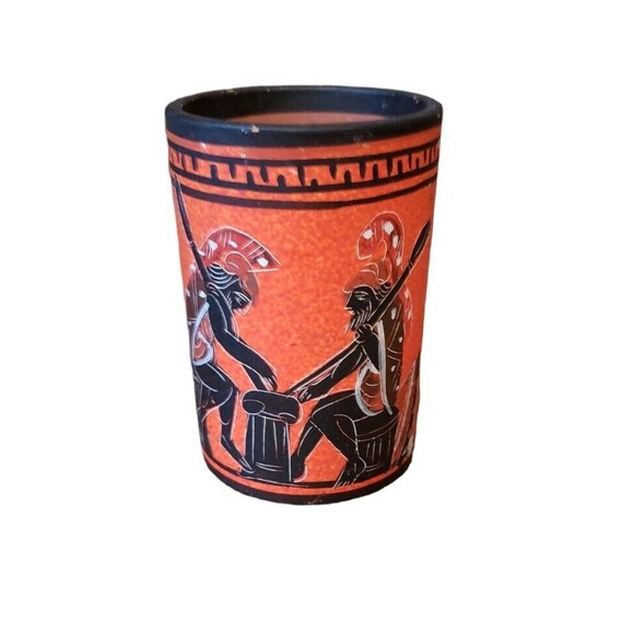 Greek Pottery Cup Vase Small Handmade Greece Warriors Painted - Picture 1 of 9